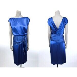 Vintage 1980s 80s Victoria Royal Ltd Low Back Blue Silk Beaded Cocktail Dress S
